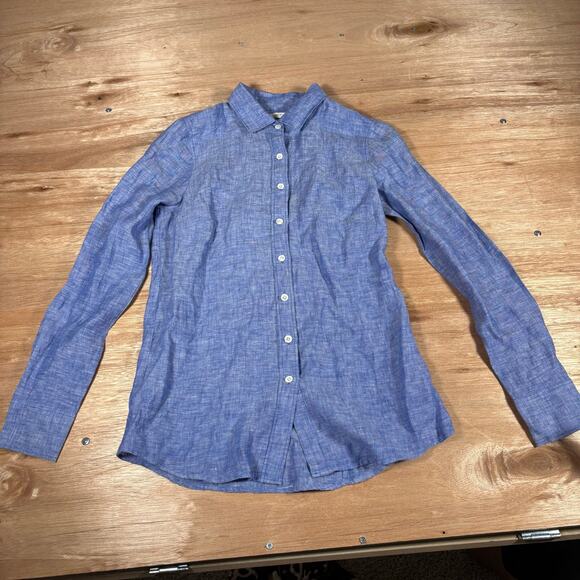 J.CREW Tops - J.Crew Size 0 Perfect Solid Blue Linen Long Sleeve Button-Up Lightweight Shirt